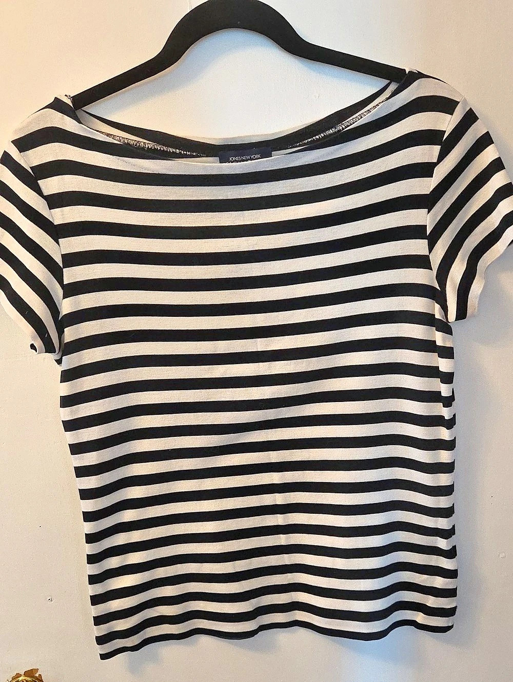 Jones New York Signature Striped Cotton Tee in Black & Ivory Size Medium